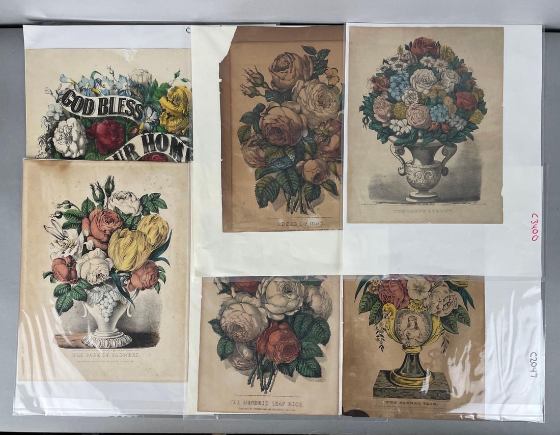 Group of Antique Currier and Ives Flower Bouquet Lithographs: The vase of flowers measures 16" x 12"