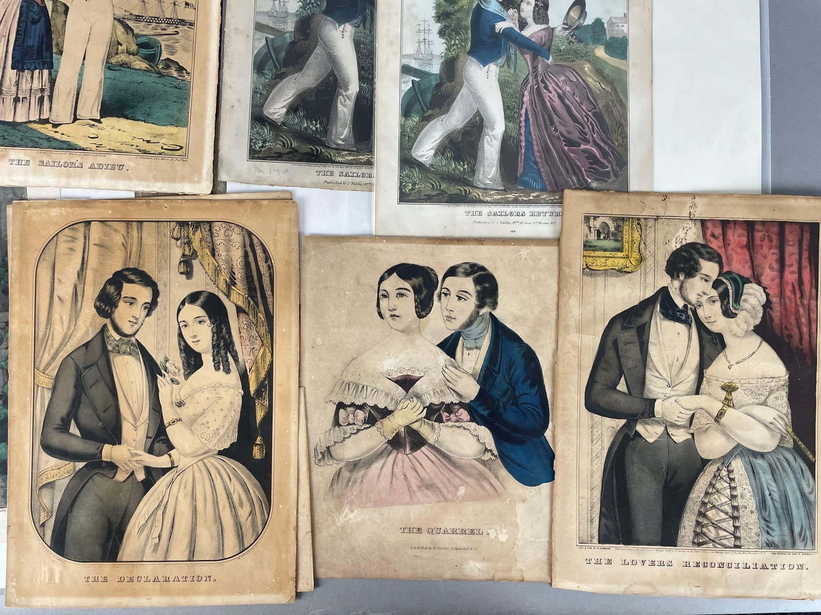 Group of Antique Currier and Ives Romantic Couple Lithographs: Includes sets, largest measures 19" x 13 1/2"