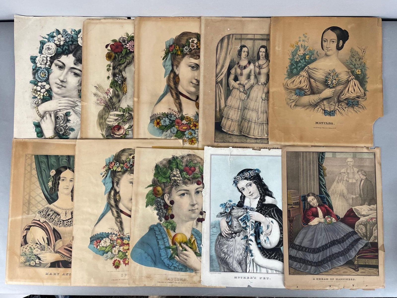 Group of Antique Currier and Ives Female Portrait Lithographs: In full bloom measures 16 1/4" x 12"