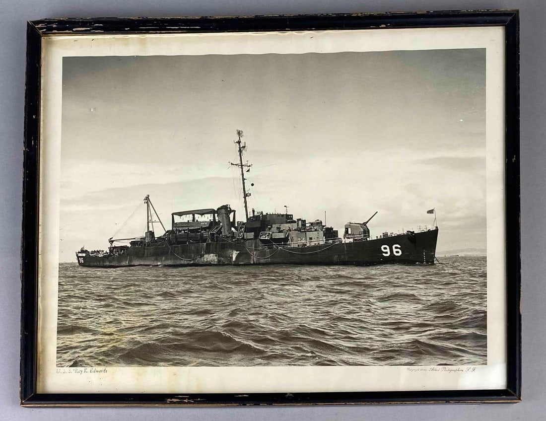 Framed U.S.S. Ray K. Edwards Photograph: Measures L 19 1/2 x W 15 inches. Frame is cracking.