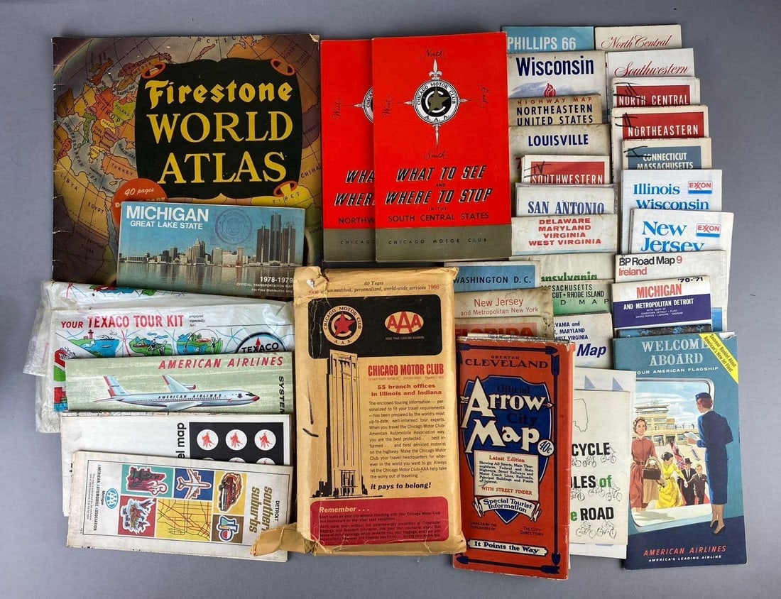 Group of Assorted Vintage US Road Maps and More: Includes Road Maps of Ohio, Michigan, Illinois, and more. Largest measures L 10 x W 9 inches. rips and tears throughout . Circa 1950s-1970s.