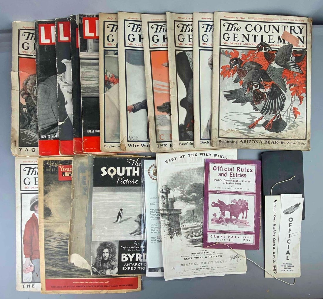 Group of Assorted Antique The Country Gentlemen Magazines and More: Includes Life Magazines, Birdwatching, and more. Largest measures L 10 x W 9 inches. Rips and tears throughout.