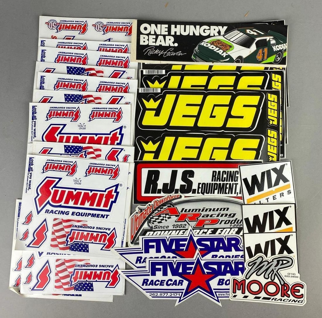 Group of Assorted Automotive Decals Stickers: Includes Summit Racing, Five Stars, and more. Largest measures 9 inches in length.