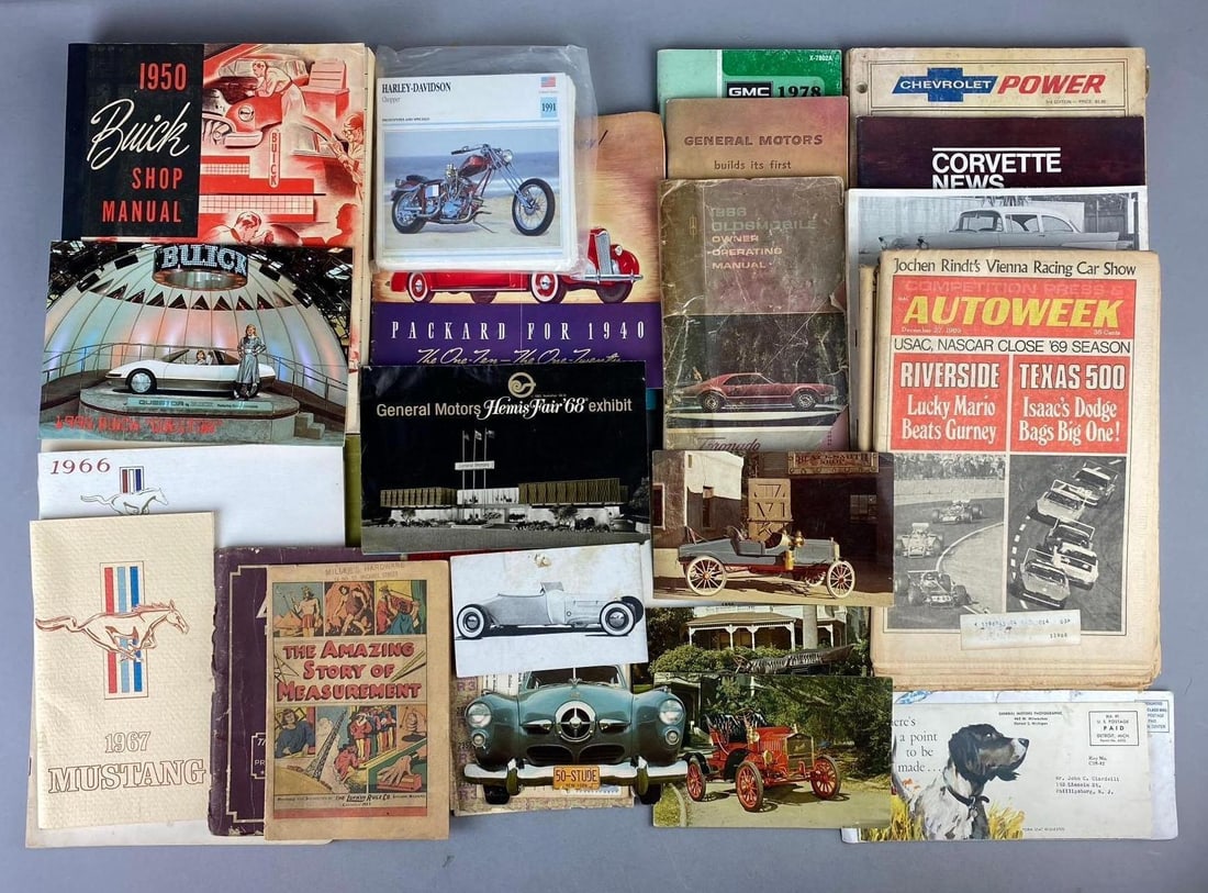Group of Assorted Vintage Car Owner Manuals and More: Includes Brochures, shop books, and more. Largest measures L 8 x W 7 inches.