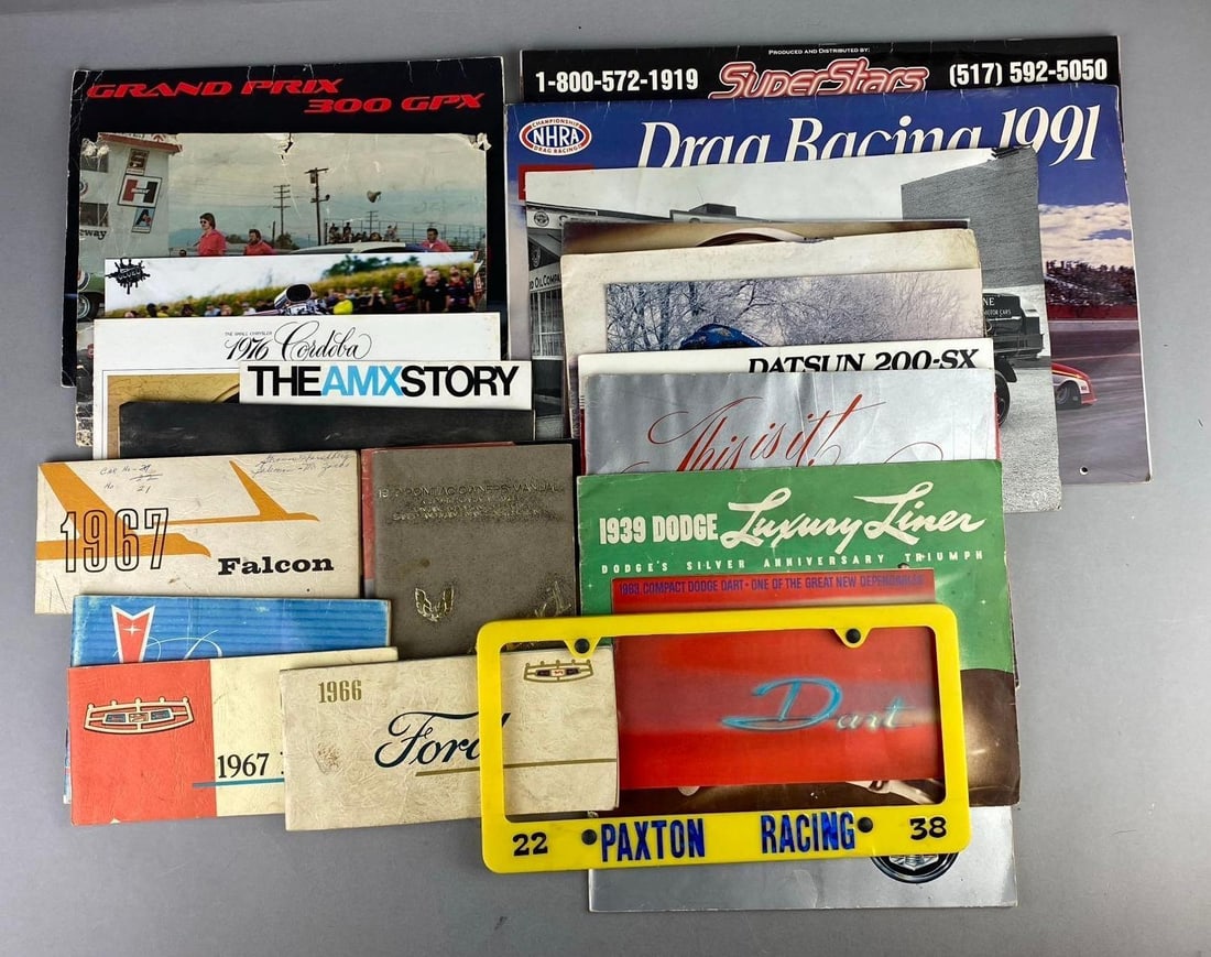 Group of Assorted Vintage Car Owner Manuals and More: Includes Brochures, shop books, and more. Largest measures L 8 x W 7 inches.