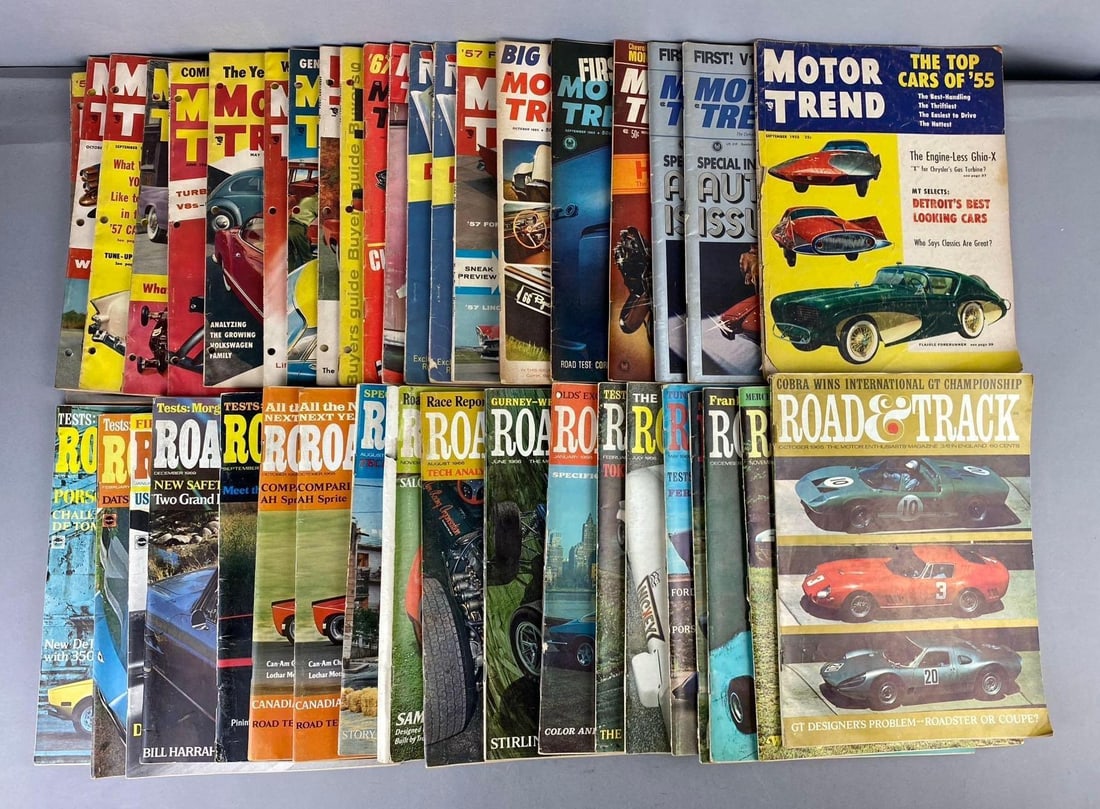 Group of Assorted Vintage Motor Trend Magazines and More: Includes Road and Track magazines. Rips and tears throughout. Measures L 11 x W 8 inches.
