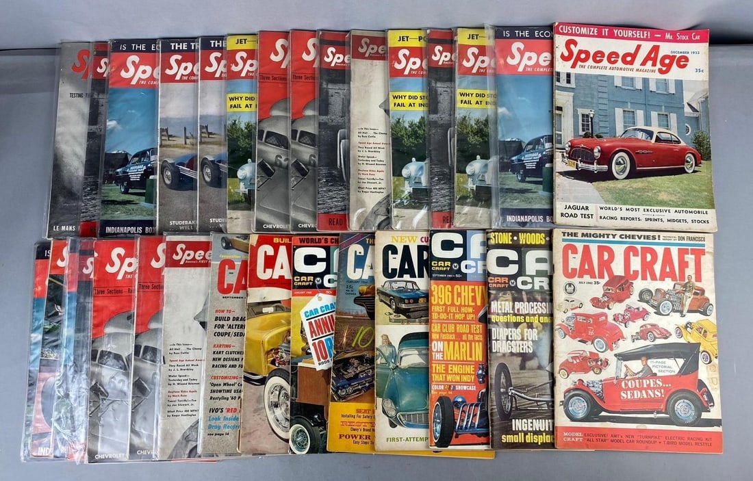 Group of Assorted Vintage Speed Age Magazines and More: Includes Car Craft magazine. Rips and tears throughout. Measures L 11 x W 8 inches.