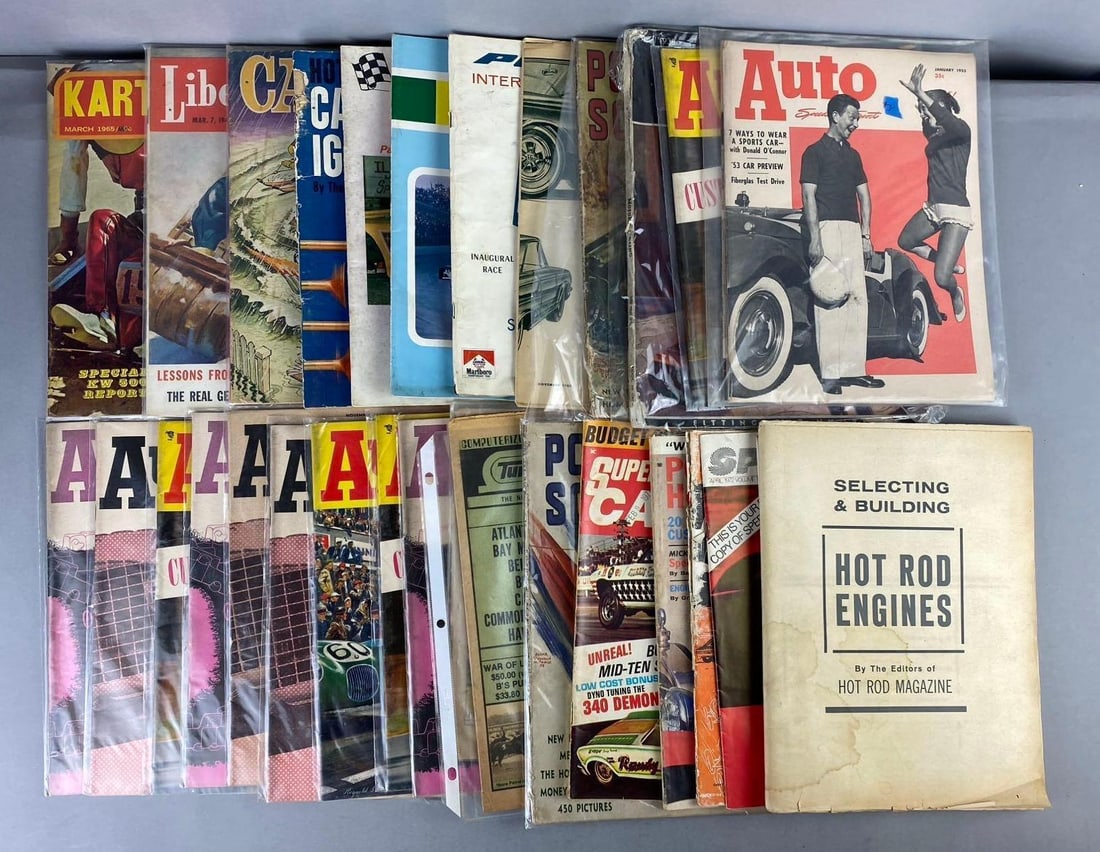 Group of Assorted Vintage Auto Speed and Sport Magazines and More: Includes hot rod magazines, karting, and more. Rips and tears throughout. One measures L 11 x W 8 inches.