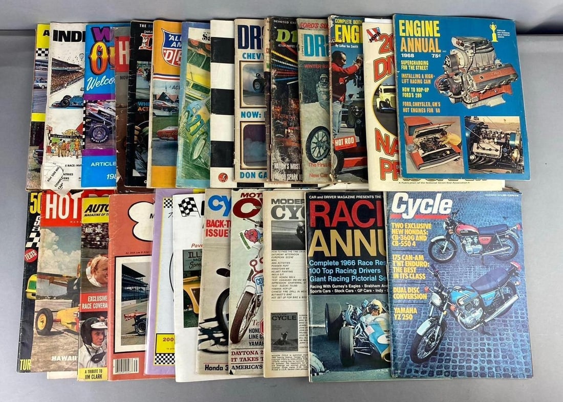 Group of Assorted Vintage Cycle Magazines and More: Includes Engine Annual, hot rod, and more. Rips and tears Throughout. One measure L 11 x W 8 inches.