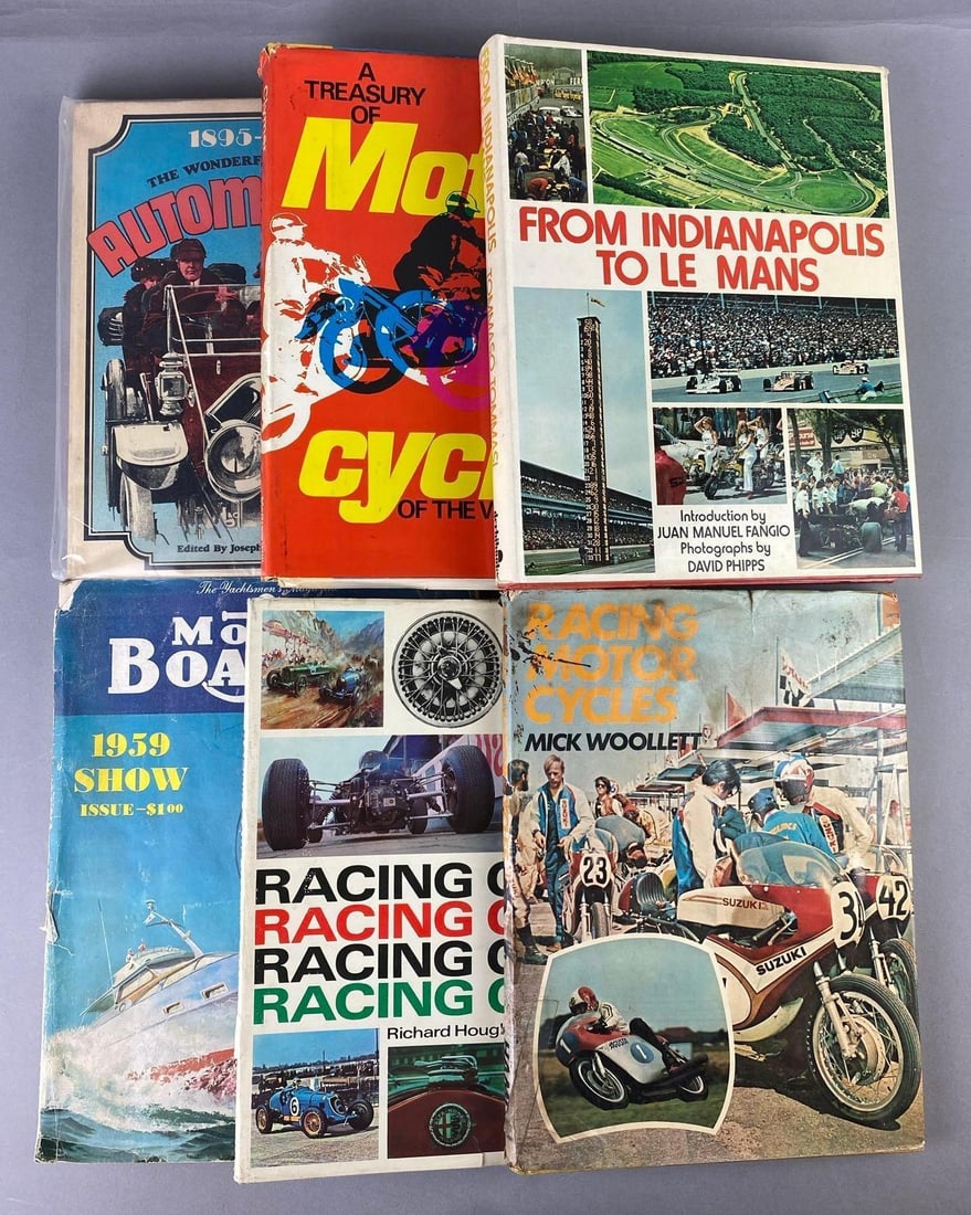 Group of Assorted Vintage Racing Magazines and More: Includes motor boats, motorcycles, and more. Rips and tears throughout. Largest measures L 11 x W 8 inches.