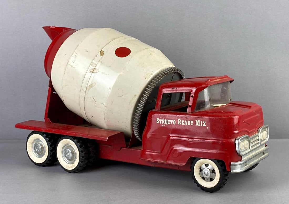 Vintage 1950s Structo Ready Mix Concrete Cement Mixer Pressed Steel Truck: Measure 15 inches in length.