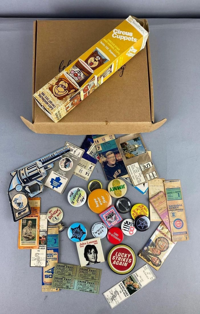 Group of Assorted Pins, Tickets, and More: Includes letter board and cups. Largest measures H 1 1/2 x W 10 x L 11 inches.