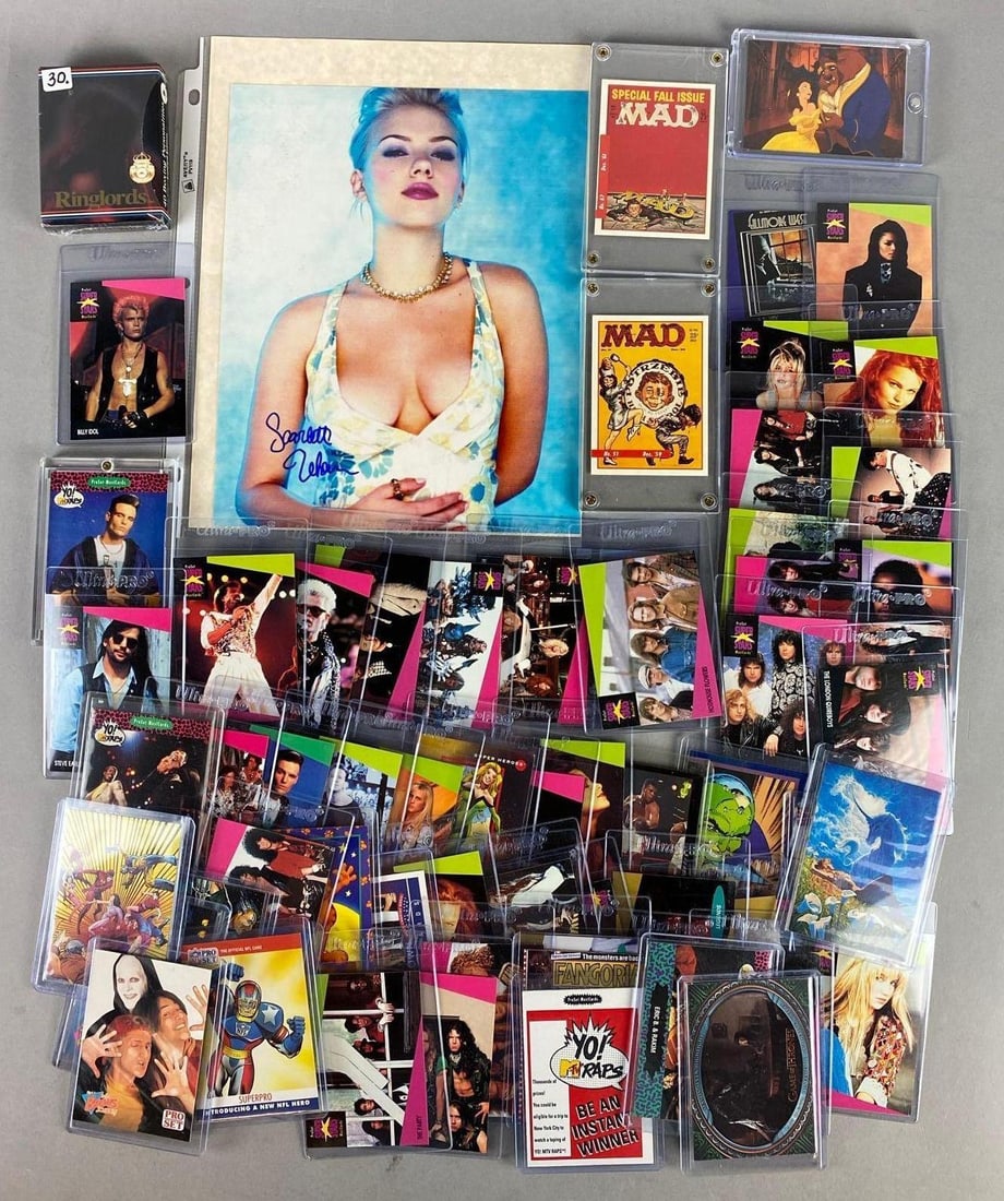 Group of Assorted ProSet: Super Stars Cards and More: Includes Signed Scarlett Johansson photo, nfl cards, and more.
