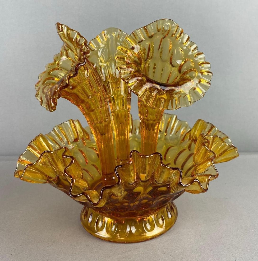 Vintage Fenton Amber Glass Three Horn Epergne Centerpiece (1 of 3)