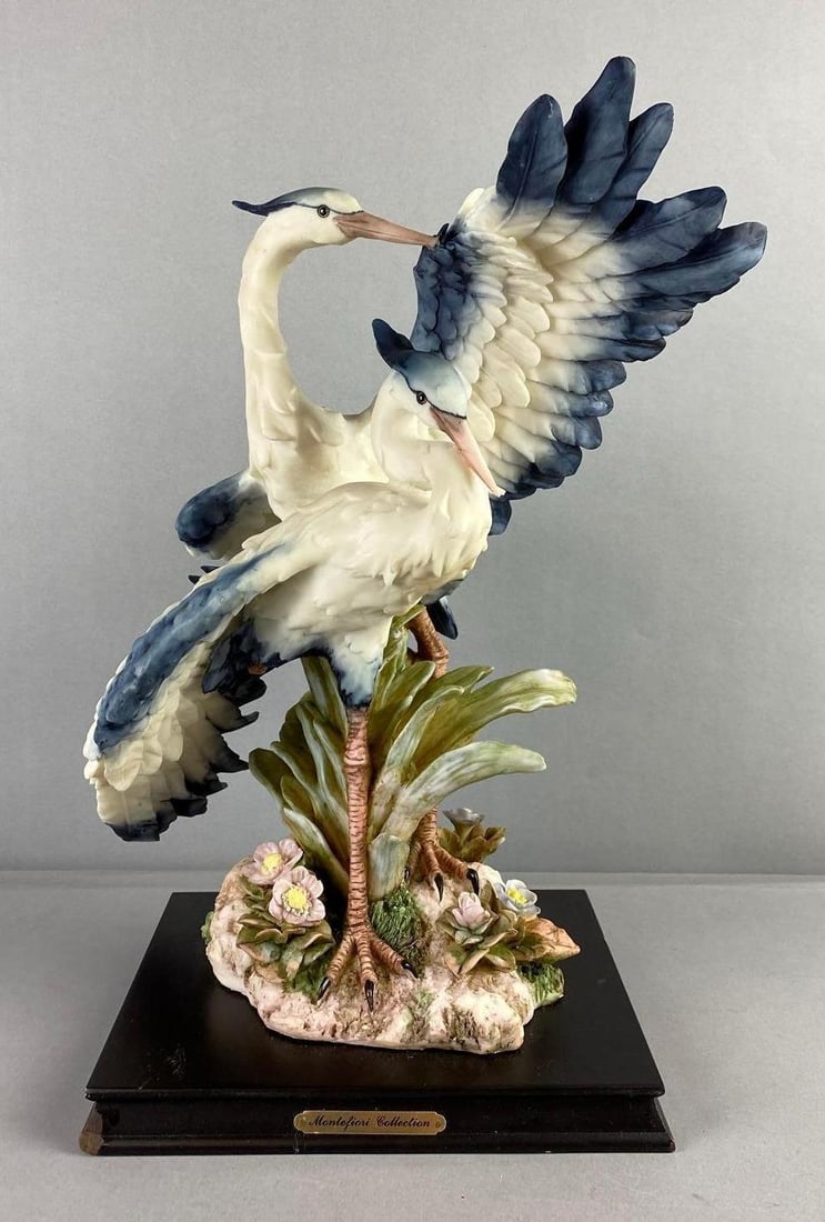 Montefiori Collection Great Blue Herons Resin Figure: One bird missing leg. Measures H 16 x W 8 x L 9 inches. No in house Shipping. Third party recommended.