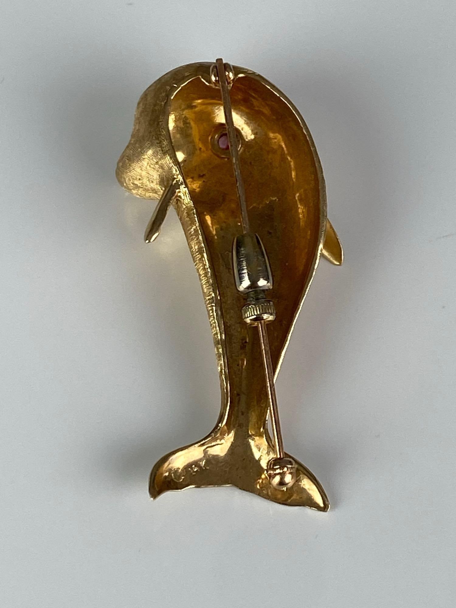 14K Yellow Gold Ruby Dolphin Brooch - 3