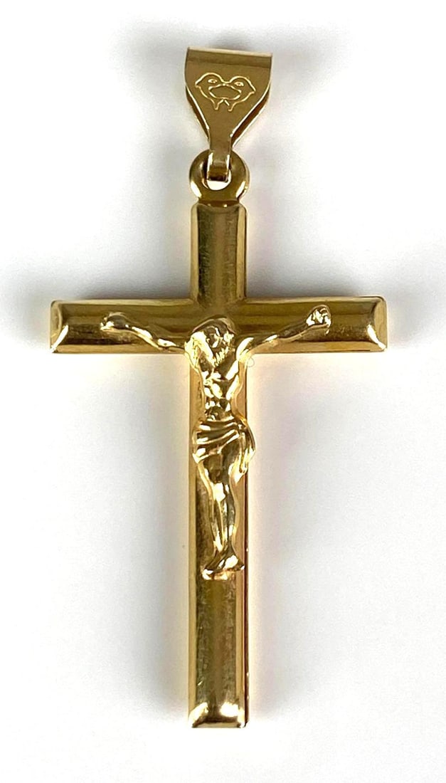 Italian 14K Yellow Gold Crucifix Pendant: Total weight of 2 grams, measures 1 3/4 inches H x 1 inches W