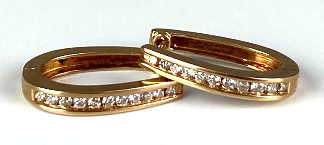 Pair of 14K Yellow Gold Diamond Horseshoe Drop Earrings: Total weight of 5.7 grams, each measures 1 inches H