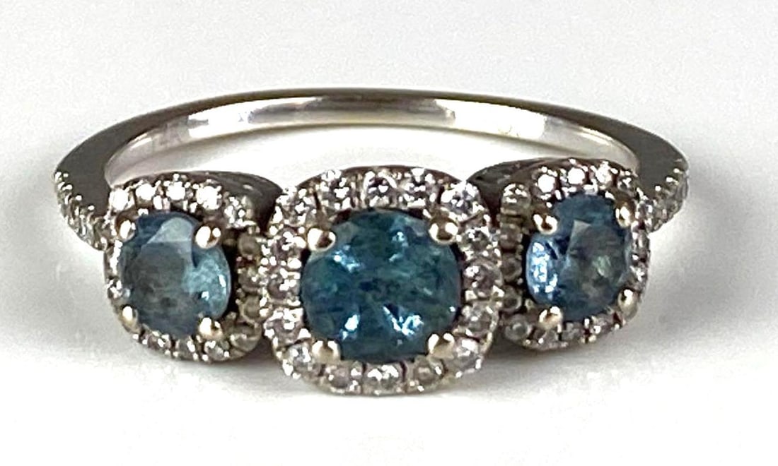 Signed 14K White Gold Diamond Tourmaline Ring: Total weight of 3.1 grams, size 7