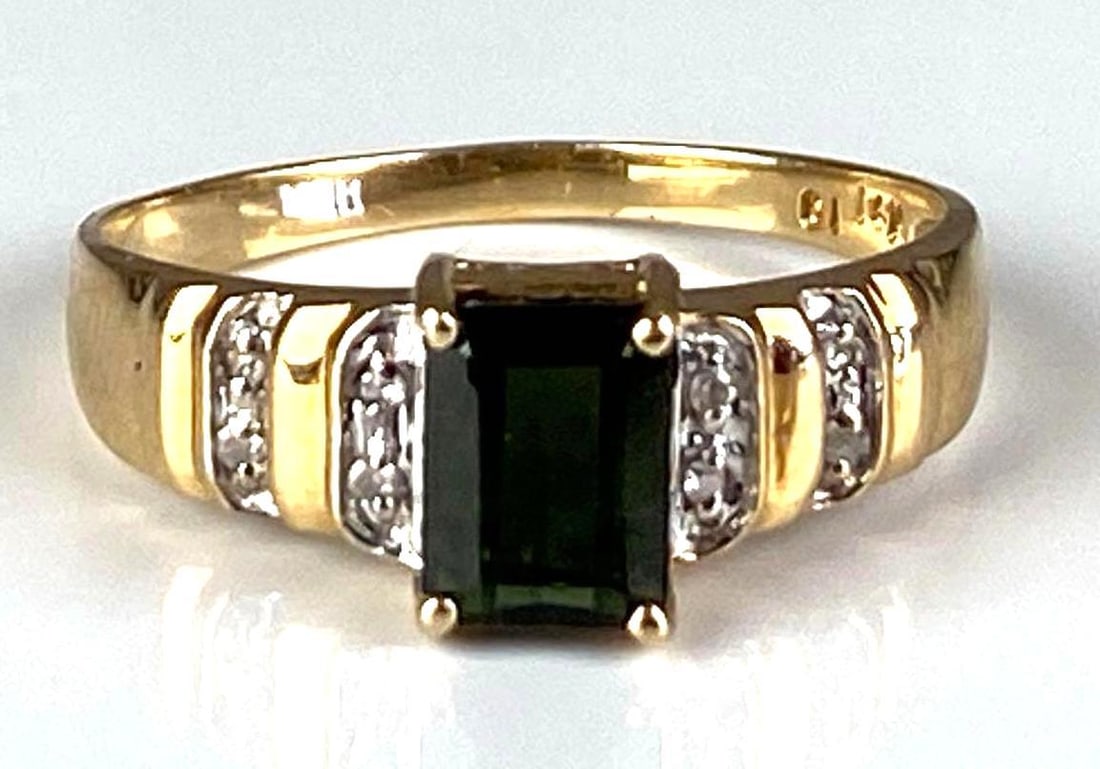 Signed 14K Yellow/White Gold Emerald Diamond Ring: Total weight of 2.6 grams, Size 8 1/2