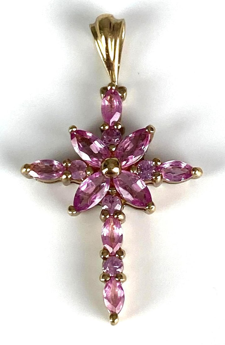 THL Signed 10K Yellow Gold Pink Sapphire Cross Pendant: Total weight of 1.8 grams, measures 1 1/4 inches H x 1/2 inches W