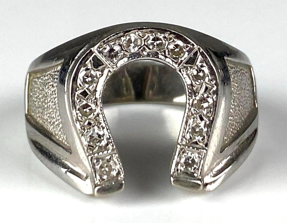 14k White Gold Diamond Horseshoe Ring: Total weight of 10.7 grams, size 10