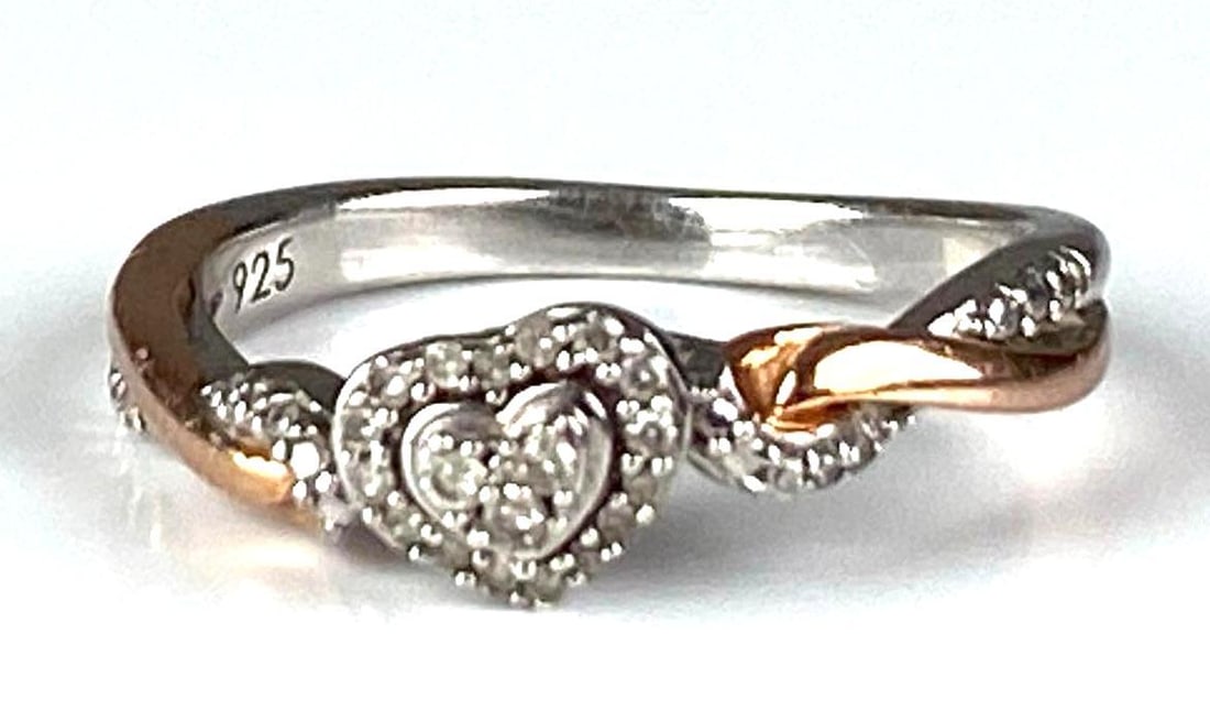 Sterling Silver Two-Tone Heart Diamond Ring: Size 7