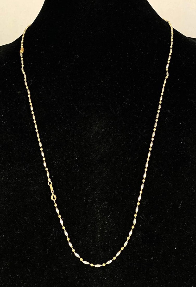 B and B Signed Italian 14K Yellow/White Gold Beaded Necklace: Total weight of 13.6 grams, extension attached, measures 29 inches in length