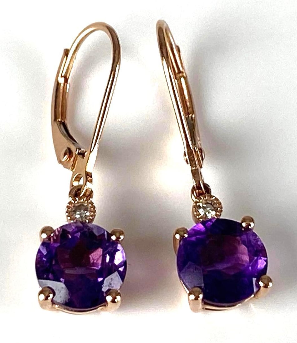 Pair of PM Signed 14K Rose Gold Amethyst Diamond Drop Earrings: Total weight of 2.3 grams, each measures 1 inches H