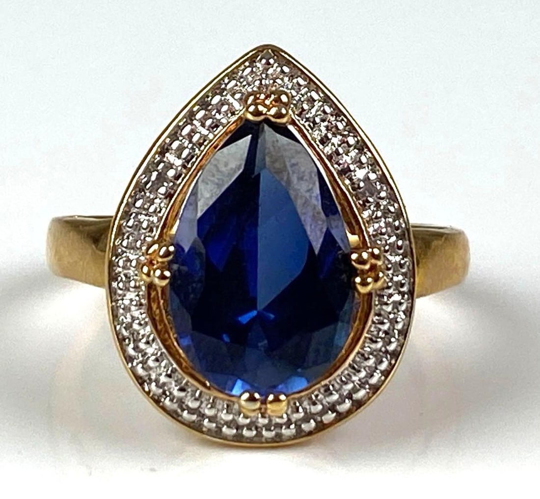 Gold Plated Sterling Silver Sapphire Diamond Ring: Size 9