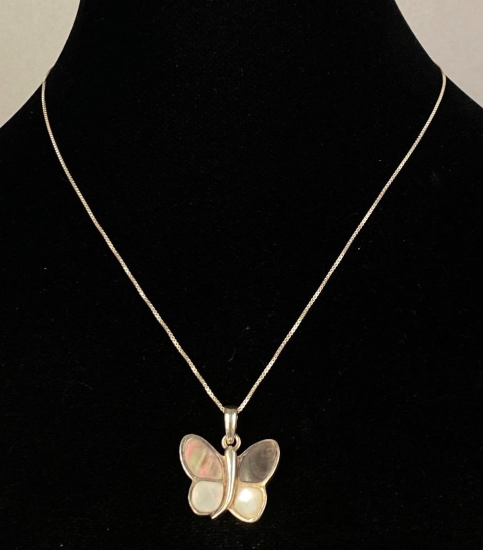 Italian Sterling Silver Box Chain Necklace with Butterfly Pendant (1 of 3)