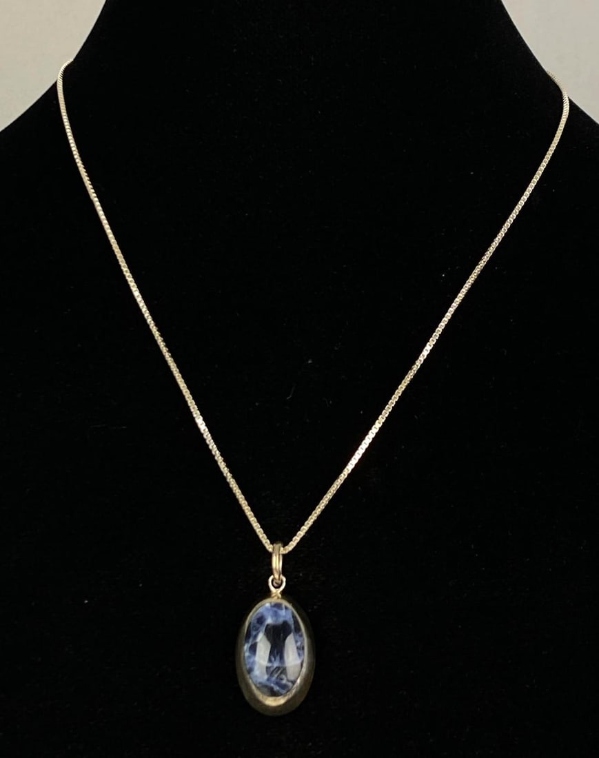 Signed Italian Sterling Silver Box Chain Necklace with Taxaco Sodalite Pendant: Necklace measures 18 inches in length