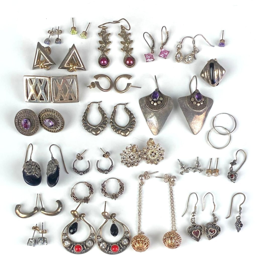 Group of Assorted Sterling Silver Earrings: Total weight of 84 grams, mostly matching pairs