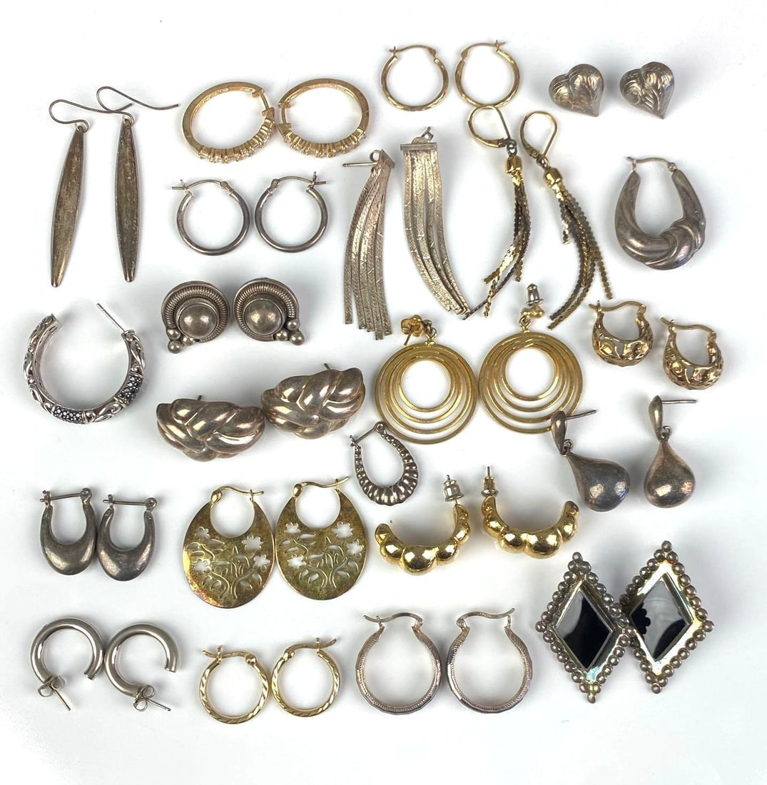Group of Assorted Sterling Silver Earrings: Total weight of 110 grams, mostly matching pairs