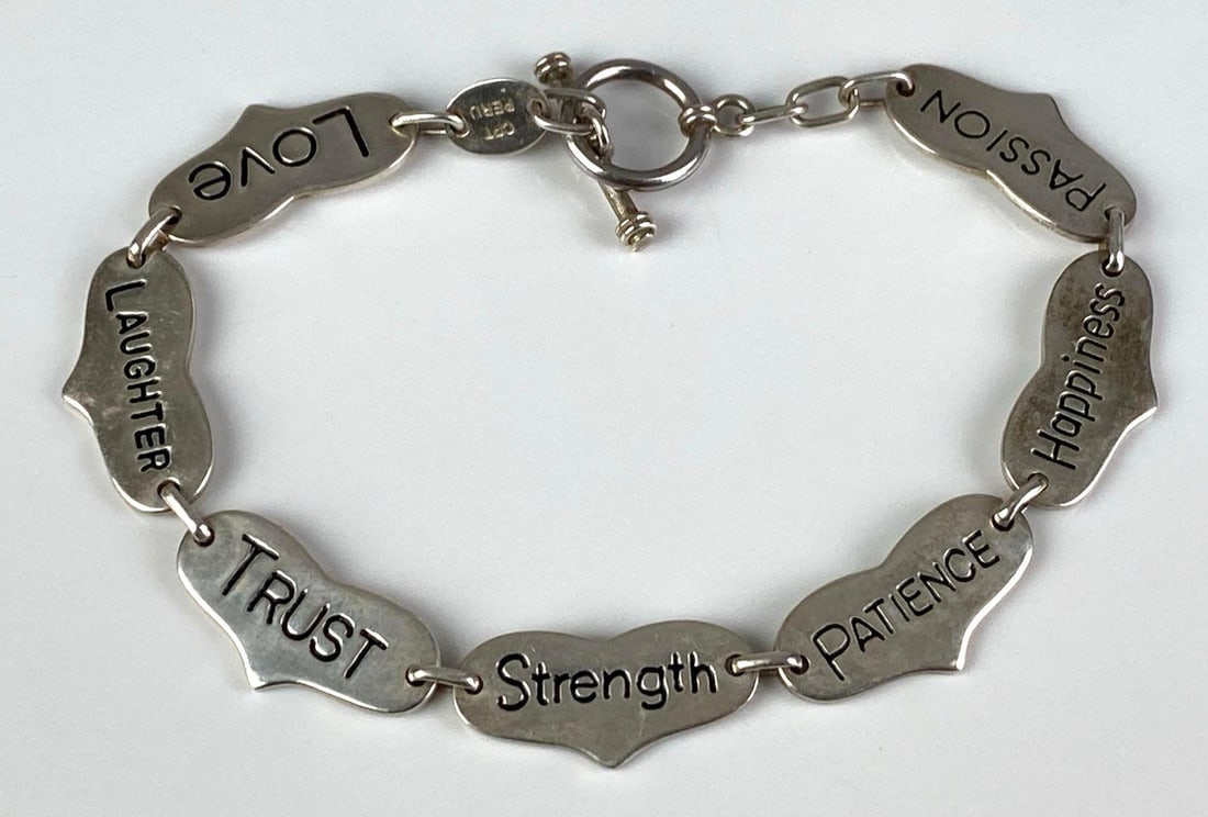 CPT Signed Peruvian Sterling Silver Inspirational Words Slip Bracelet: Measures 8 inches in length