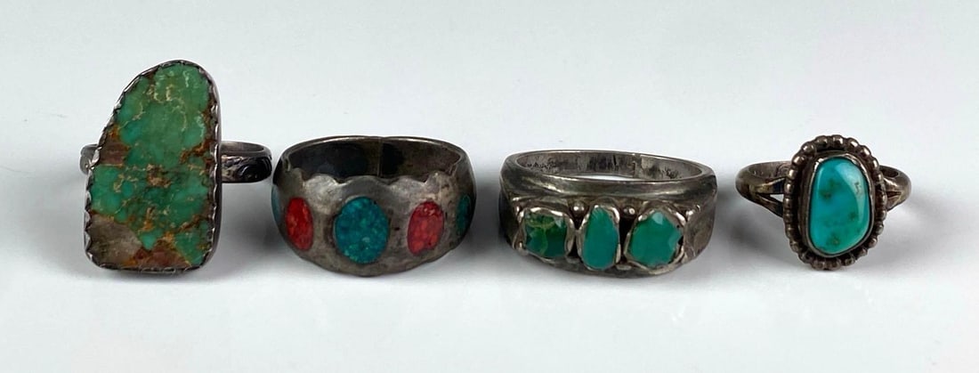 Group of 4 Sterling Silver Native American Turquoise Rings: sizes range from 5 1/2 - 11 1/2
