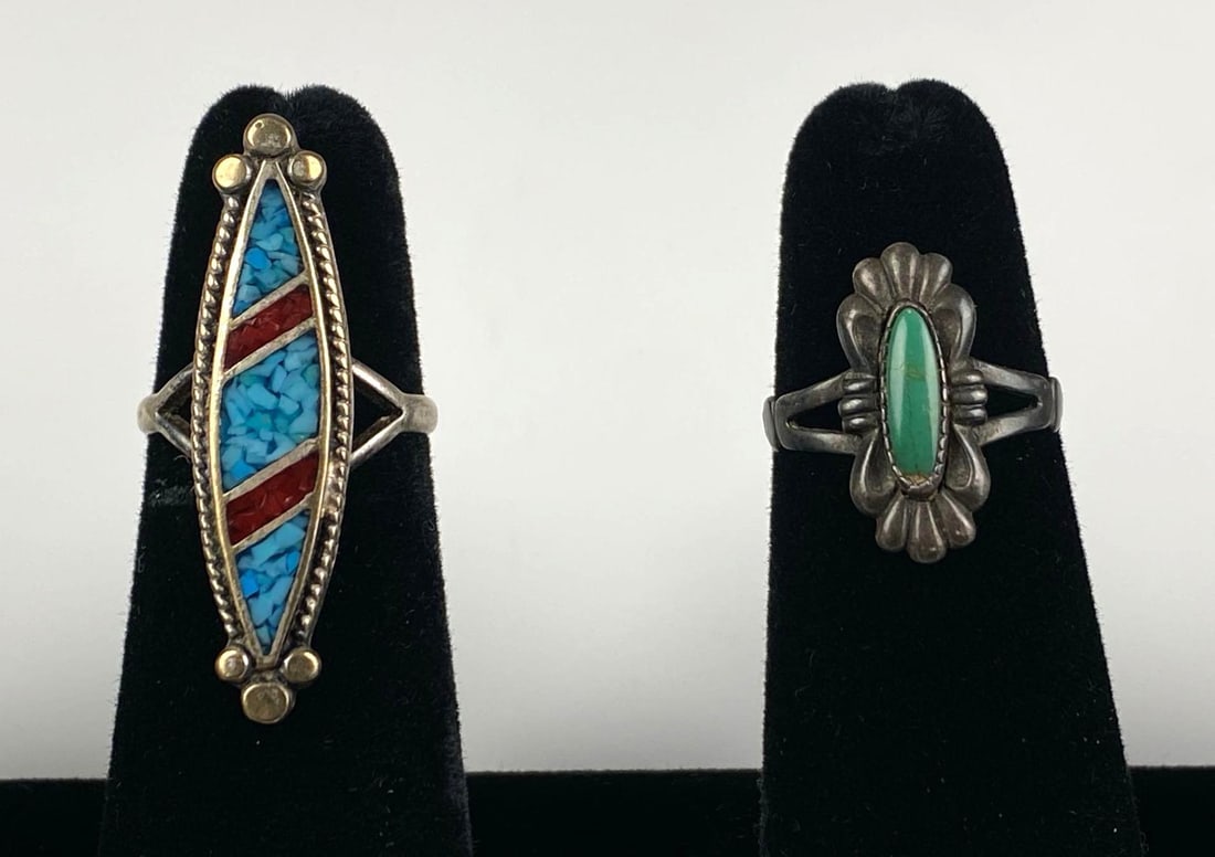 Group of 2 Sterling Silver Native American Turquoise Rings: Sizes are 6-7 from left to right