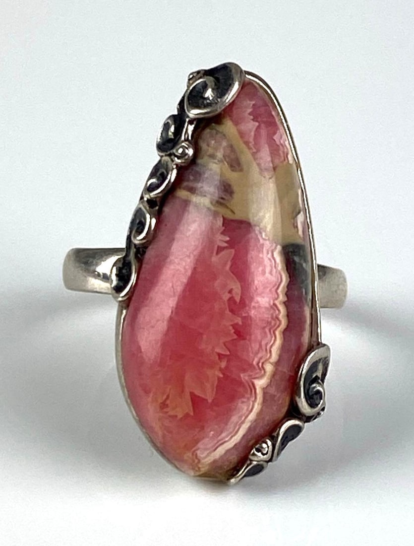 NK Signed Sterling Silver Pink Rhodochrosite Ring: Size 8