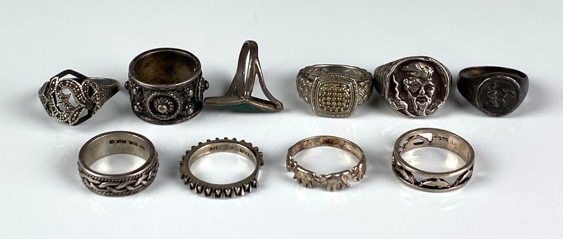 Group of 10 Sterling Silver Rings: Some signed, sizes range from 5 1/2 - 8
