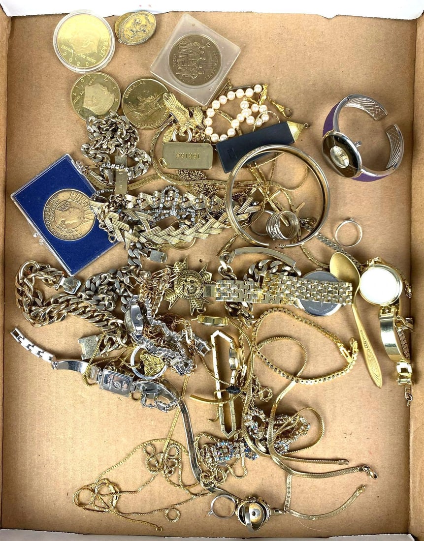 Group of Assorted Costume Jewelry and Tokens: some sterling silver, includes trump coins, necklaces, rings and more