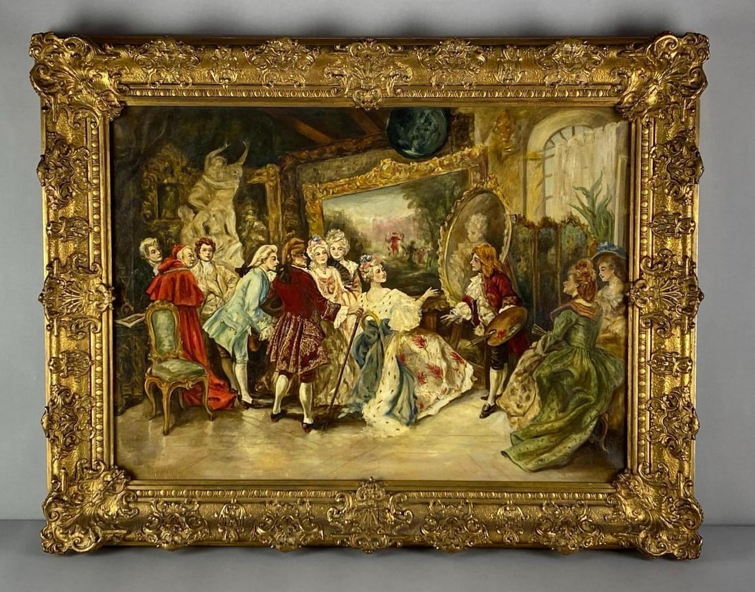 Antique Vincente De Paredes Signed The Studio of Watteau Oil on Canvas Painting (1 of 4)