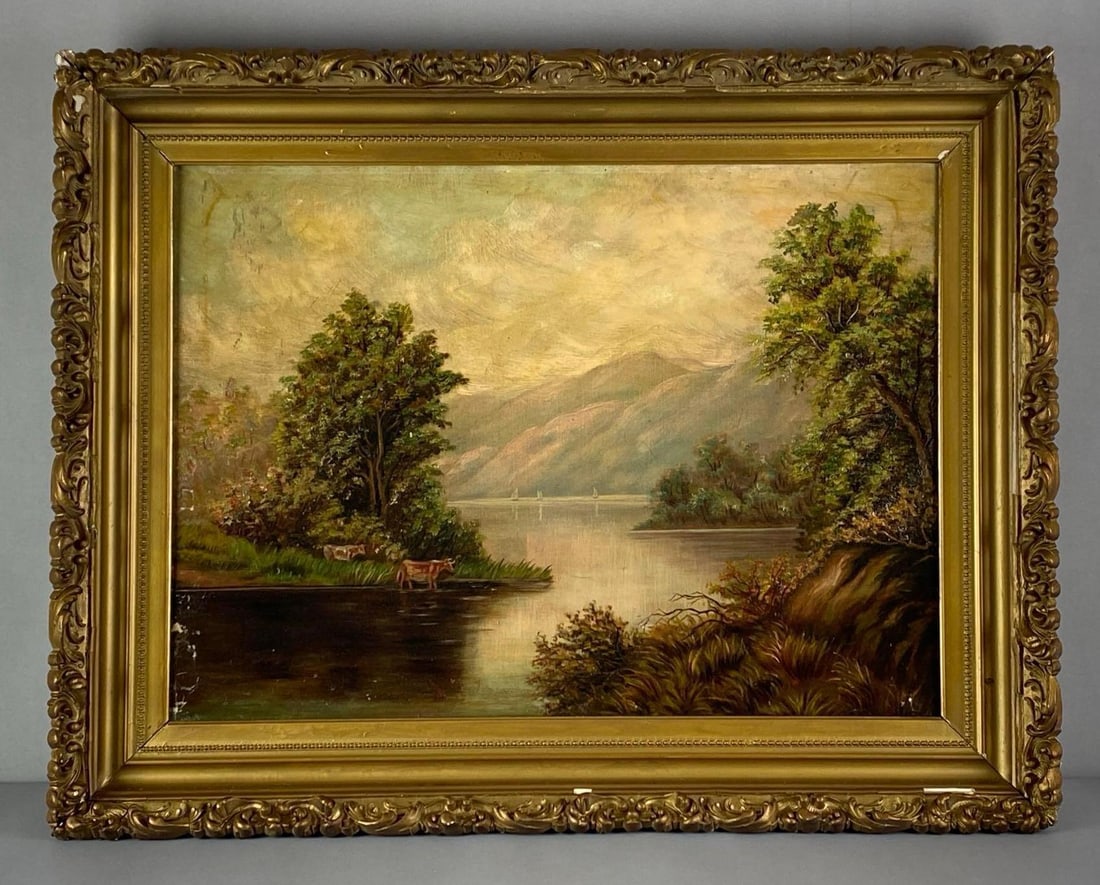 Antique Cows By The River Oil on Canvas Painting (1 of 5)