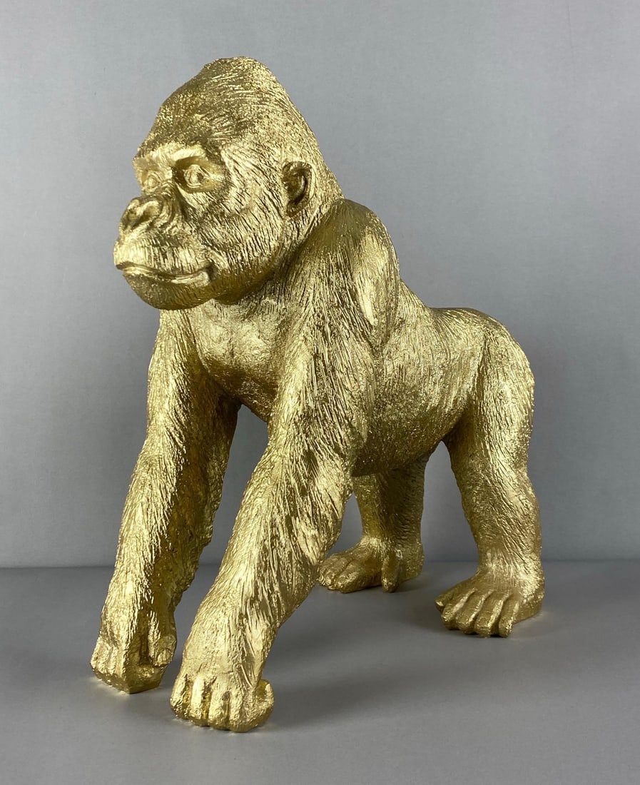 Gilt Resin Gorilla Statue: Measures 17 inches H x 8 inches W x 16 inches D