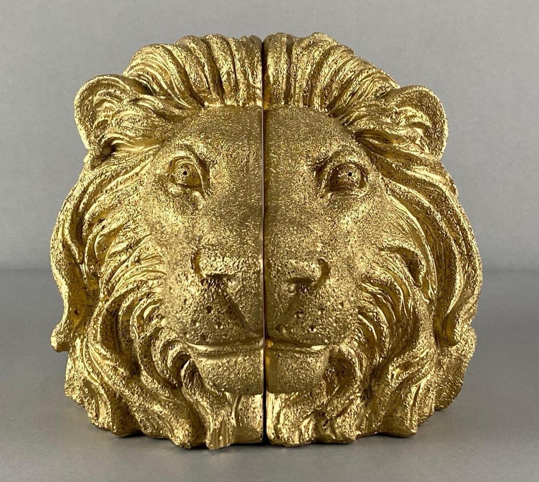 Set of Gilt Resin Lion Head Bookends (1 of 5)