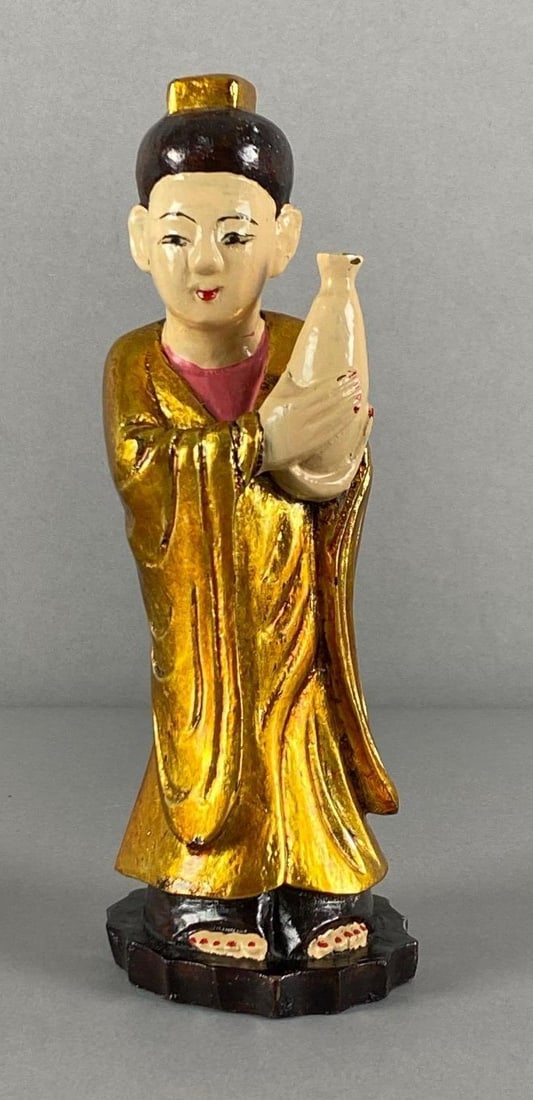 Signed Gilded Carved Wood Woman Holding Vase Figurine: Artist marking on base, Measures 7 1/2 inches H