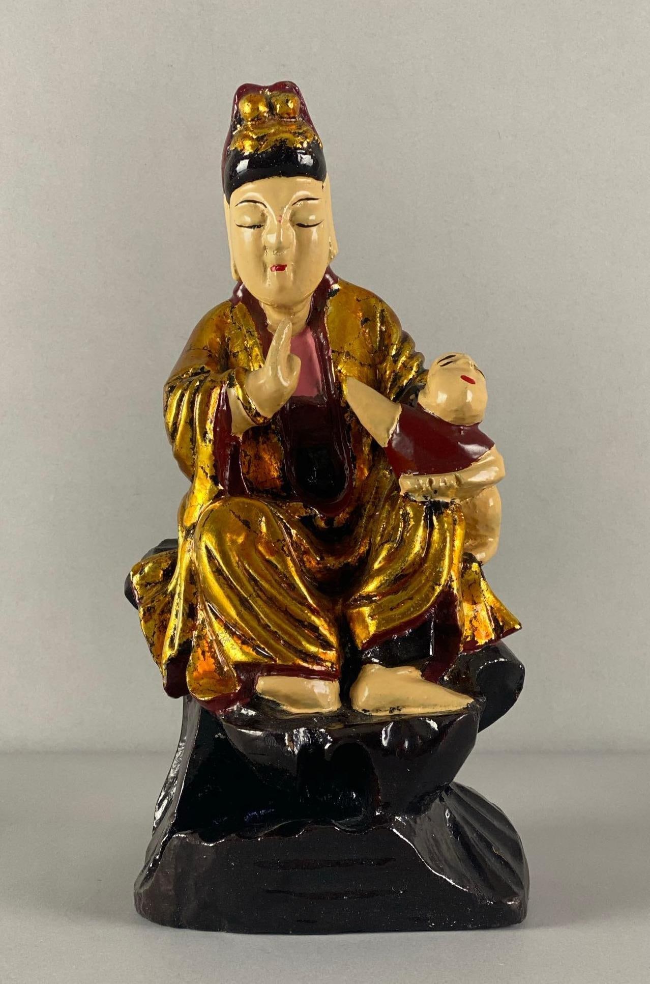 Gilded Carved Wood Guan Yin Buddha Figurine: Measures 11 1/2 inches H x 6 inches W x 5 inches D