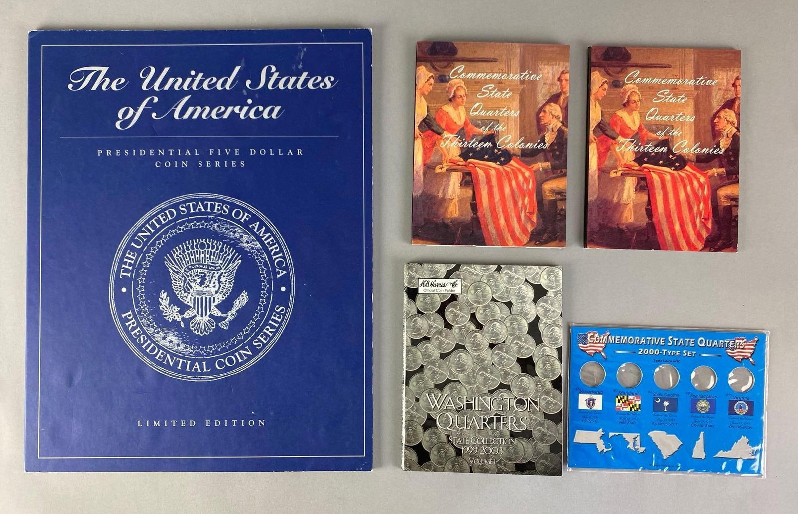 Group of US Quarter Collection Booklets and More: Includes collecting form, thirteen colonies quarters, Washington quarters and more