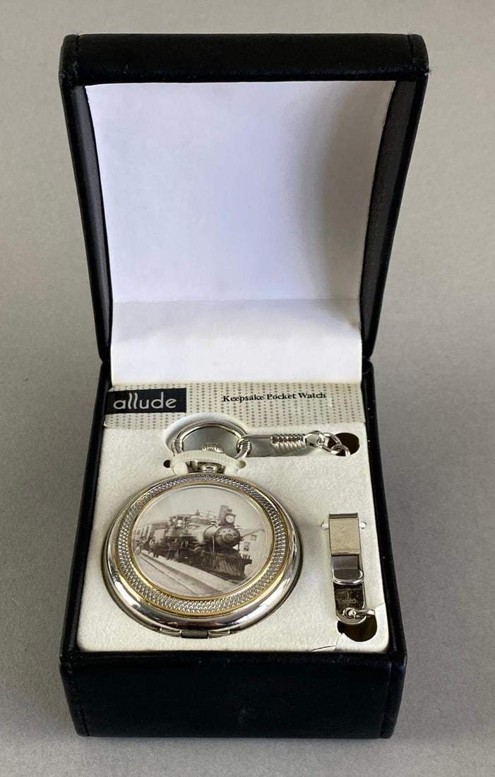 Allude Locomotive Keepsake Hunter Pocket Watch: Untested, in original packaging, box measures 2 1/2 inches H x 3 inches W x 4 inches d