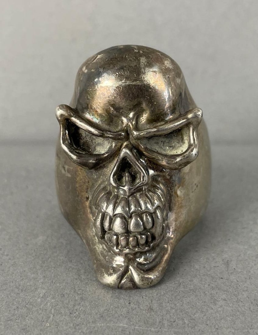 Signed Dallas Sterling Silver Skull Biker Ring: Possibly signed Dallas, size 13, 55.5 grams