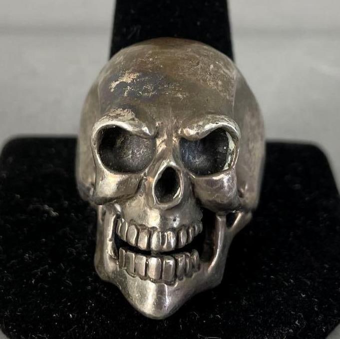 Signed JS Sterling Silver Skull Biker Ring: Signsd JS, size 12 1/2, 42.1 grams